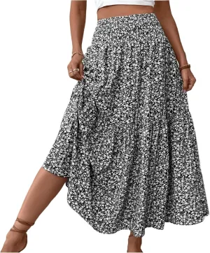 Maxi Floral Skirts for Women Smocked Ruffle Tiered High Waisted Summer Skirt with Pockets Beach Skirt for Vacation