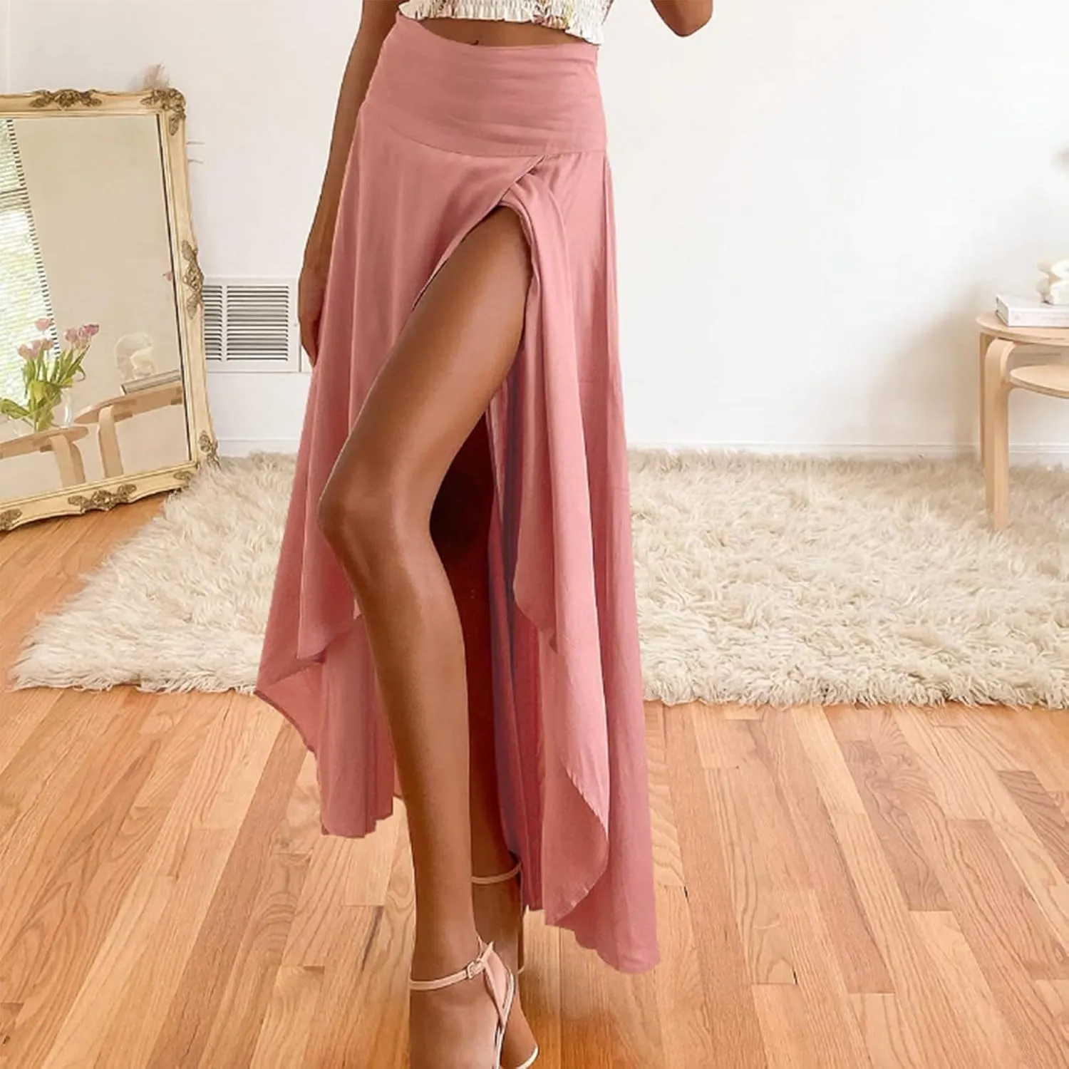 Maxi Skirt for Women High Elastic Waist Satin Summer Lightweight Ruffle Hem Long Skirts Palazzo A-Line for Going Out