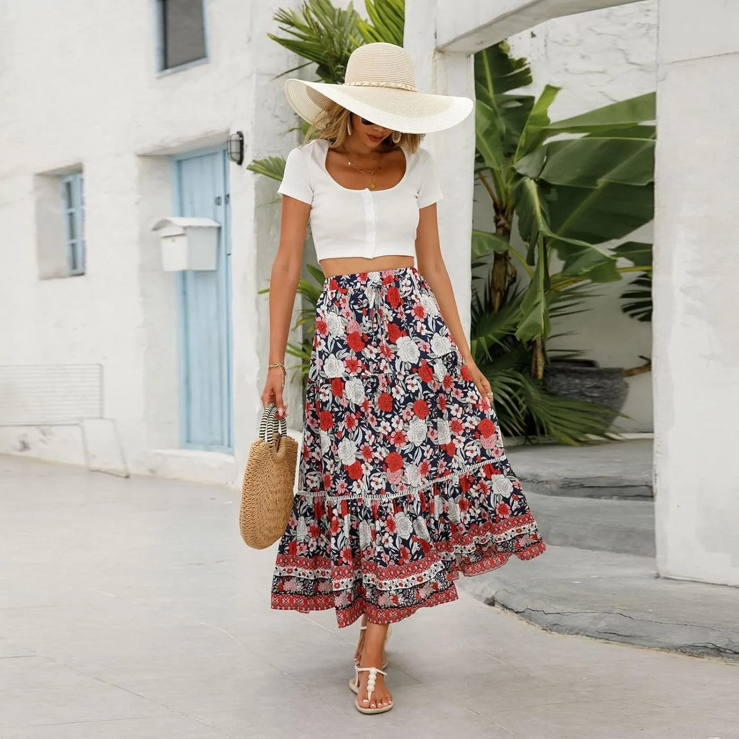 Maxi Skirts for Women 2025 Boho Floral Ruffle Tiered Skirts Flowy High Eloastic Waist Tie Front Beach Vacation Clothes