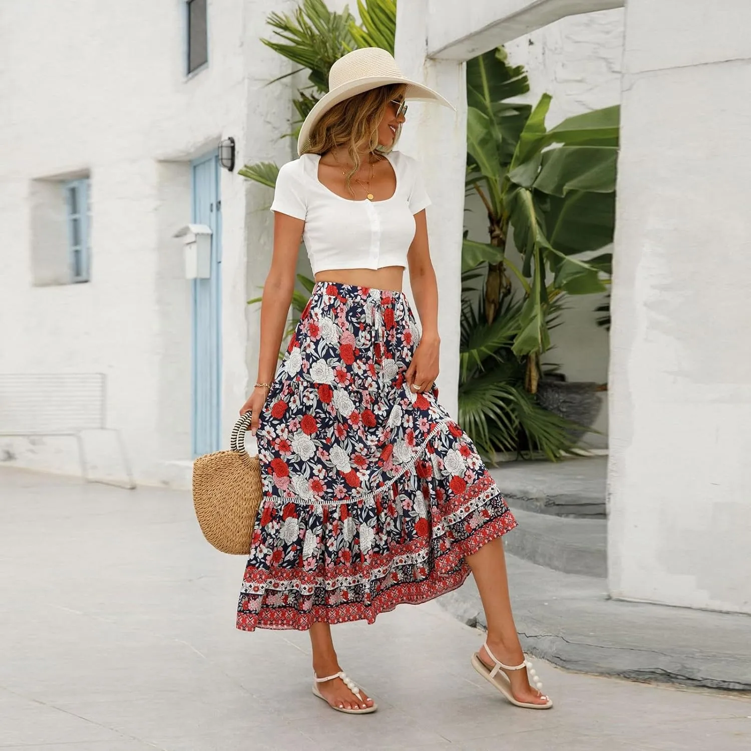 Maxi Skirts for Women 2025 Boho Floral Ruffle Tiered Skirts Flowy High Eloastic Waist Tie Front Beach Vacation Clothes