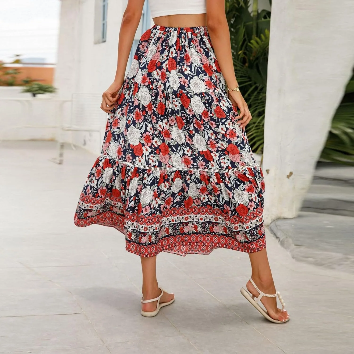 Maxi Skirts for Women 2025 Boho Floral Ruffle Tiered Skirts Flowy High Eloastic Waist Tie Front Beach Vacation Clothes