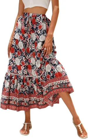 Maxi Skirts for Women 2025 Boho Floral Ruffle Tiered Skirts Flowy High Eloastic Waist Tie Front Beach Vacation Clothes