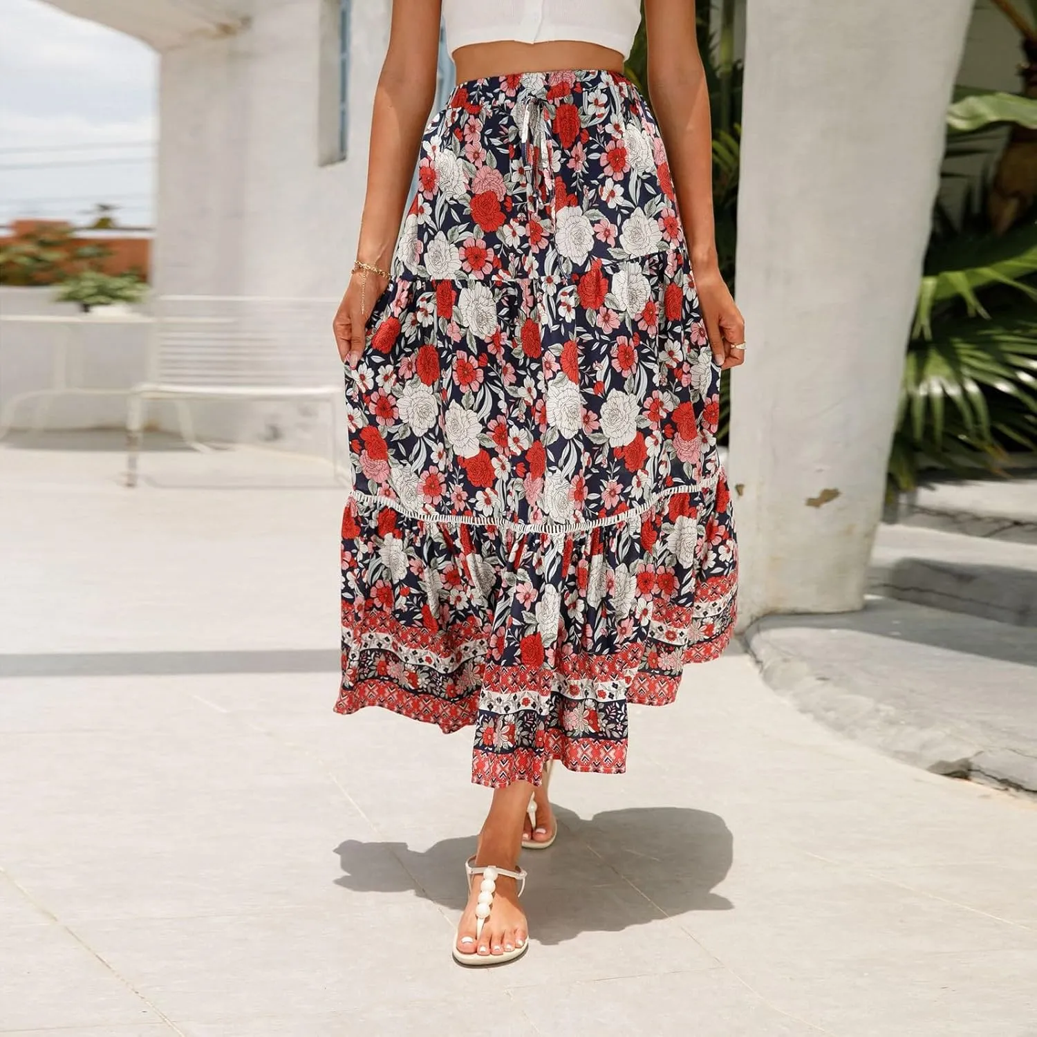 Maxi Skirts for Women 2025 Boho Floral Ruffle Tiered Skirts Flowy High Eloastic Waist Tie Front Beach Vacation Clothes