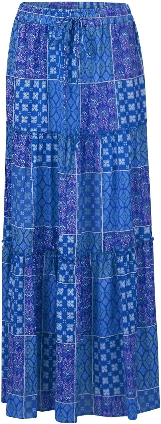 Maxi Skirts for Women Summer Boho A-Line Flowy Ruffle Tiered Elastic High Waist Beach Long Skirts with Pockets