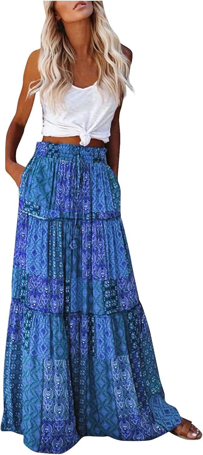 Maxi Skirts for Women Summer Boho A-Line Flowy Ruffle Tiered Elastic High Waist Beach Long Skirts with Pockets