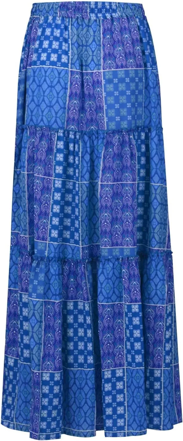 Maxi Skirts for Women Summer Boho A-Line Flowy Ruffle Tiered Elastic High Waist Beach Long Skirts with Pockets