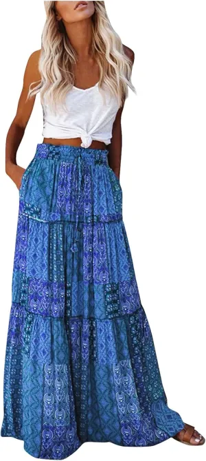 Maxi Skirts for Women Summer Boho A-Line Flowy Ruffle Tiered Elastic High Waist Beach Long Skirts with Pockets