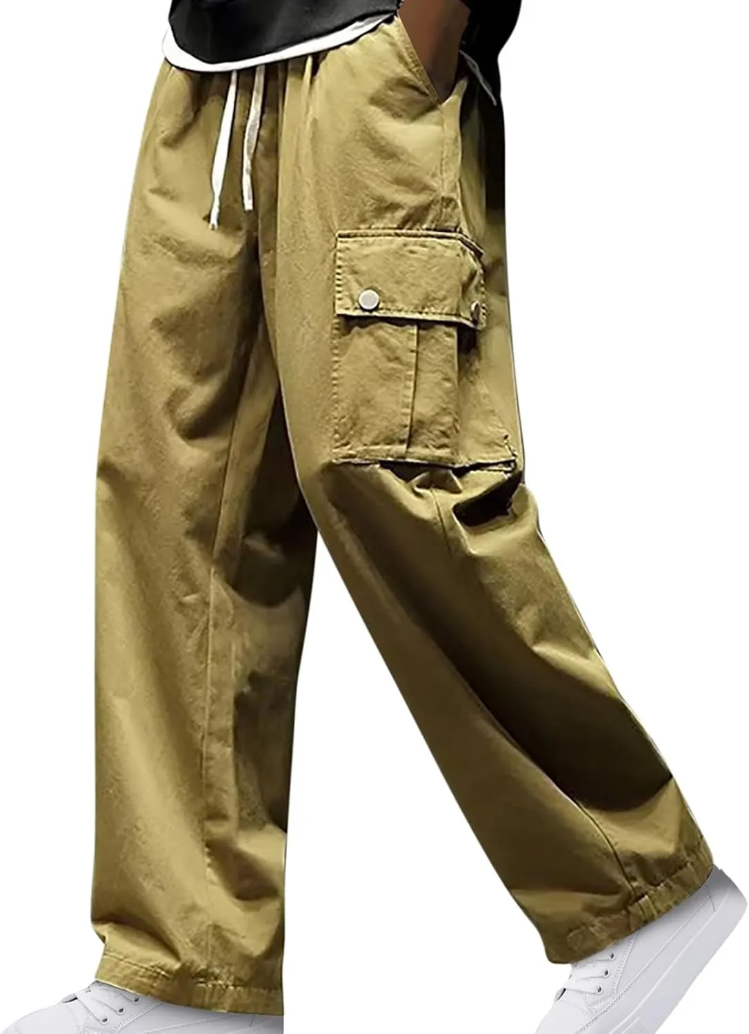 Men Cargo Pants Classic-Fit Multi Pockets Work Pants Trendy Solid Color Outdoor Pants Elastic Waist Drawstring Pants