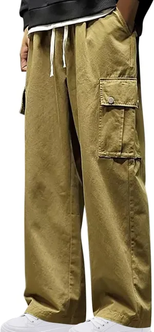 Men Cargo Pants Classic-Fit Multi Pockets Work Pants Trendy Solid Color Outdoor Pants Elastic Waist Drawstring Pants