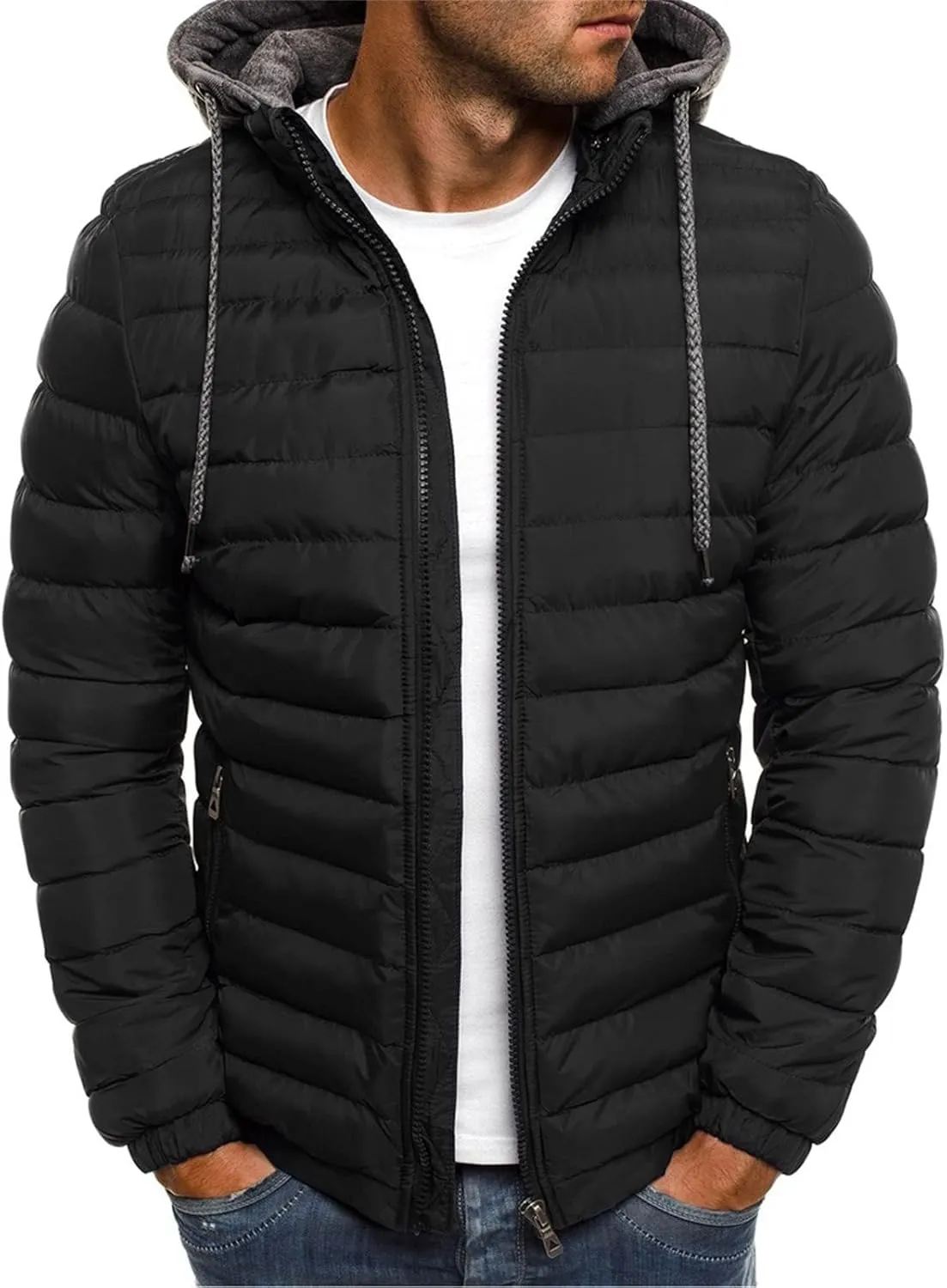 Men Puffer Hooded Jackets Winter Coats Zip Up Jacket Quilted Padded Overcoat Warm Down Outwear Drawstring Pocket Coat