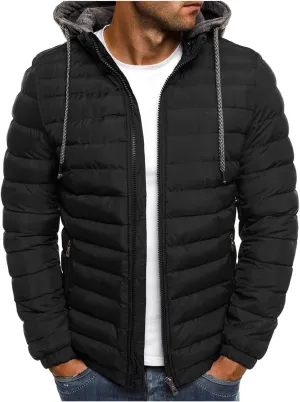 Men Puffer Hooded Jackets Winter Coats Zip Up Jacket Quilted Padded Overcoat Warm Down Outwear Drawstring Pocket Coat