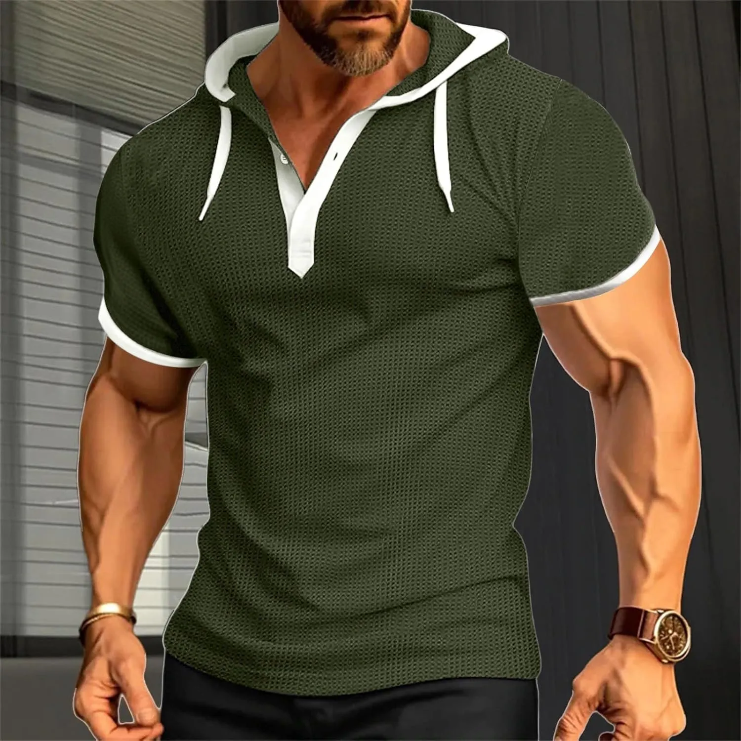 Men Waffle Hooded Tank Tops Bodybuilding Gym Sleeveless Workout Shirts Trendy Athletic Lounge Training Running Shirt
