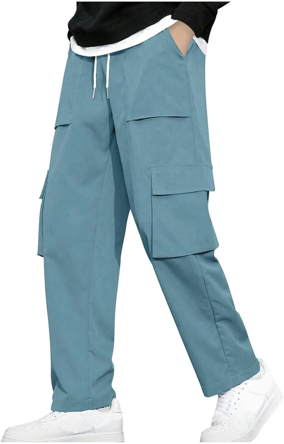 Men Work Pants Elastic Waist Cargo Pants Straight Leg Chino Track Pants Drawstring Athletic Pants with Multi-Pockets