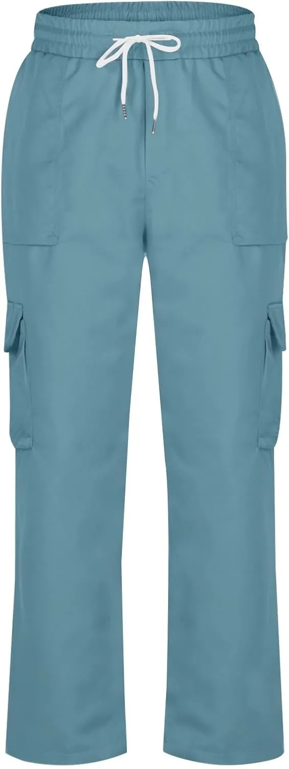 Men Work Pants Elastic Waist Cargo Pants Straight Leg Chino Track Pants Drawstring Athletic Pants with Multi-Pockets