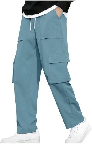Men Work Pants Elastic Waist Cargo Pants Straight Leg Chino Track Pants Drawstring Athletic Pants with Multi-Pockets