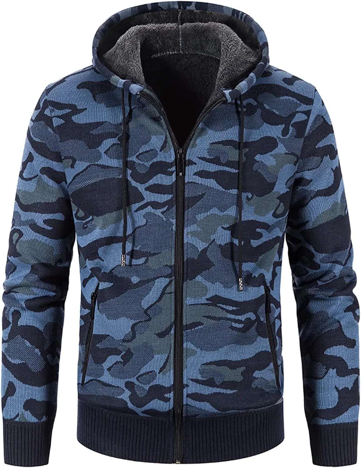 Mens Camo Hooded Cardigan Sweater Coats Heavy Warm Sherpa Fleece Lined Stripe Hoodie Jackets Zip Up Thick Sweatshirt