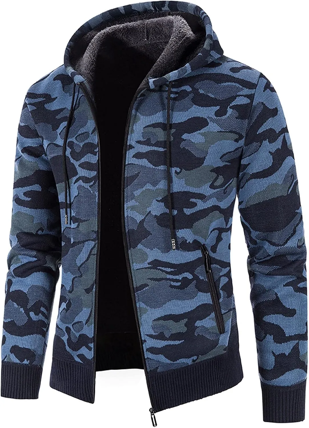 Mens Camo Hooded Cardigan Sweater Coats Heavy Warm Sherpa Fleece Lined Stripe Hoodie Jackets Zip Up Thick Sweatshirt