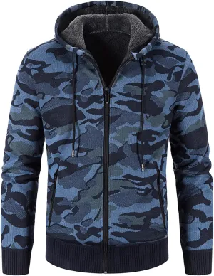Mens Camo Hooded Cardigan Sweater Coats Heavy Warm Sherpa Fleece Lined Stripe Hoodie Jackets Zip Up Thick Sweatshirt