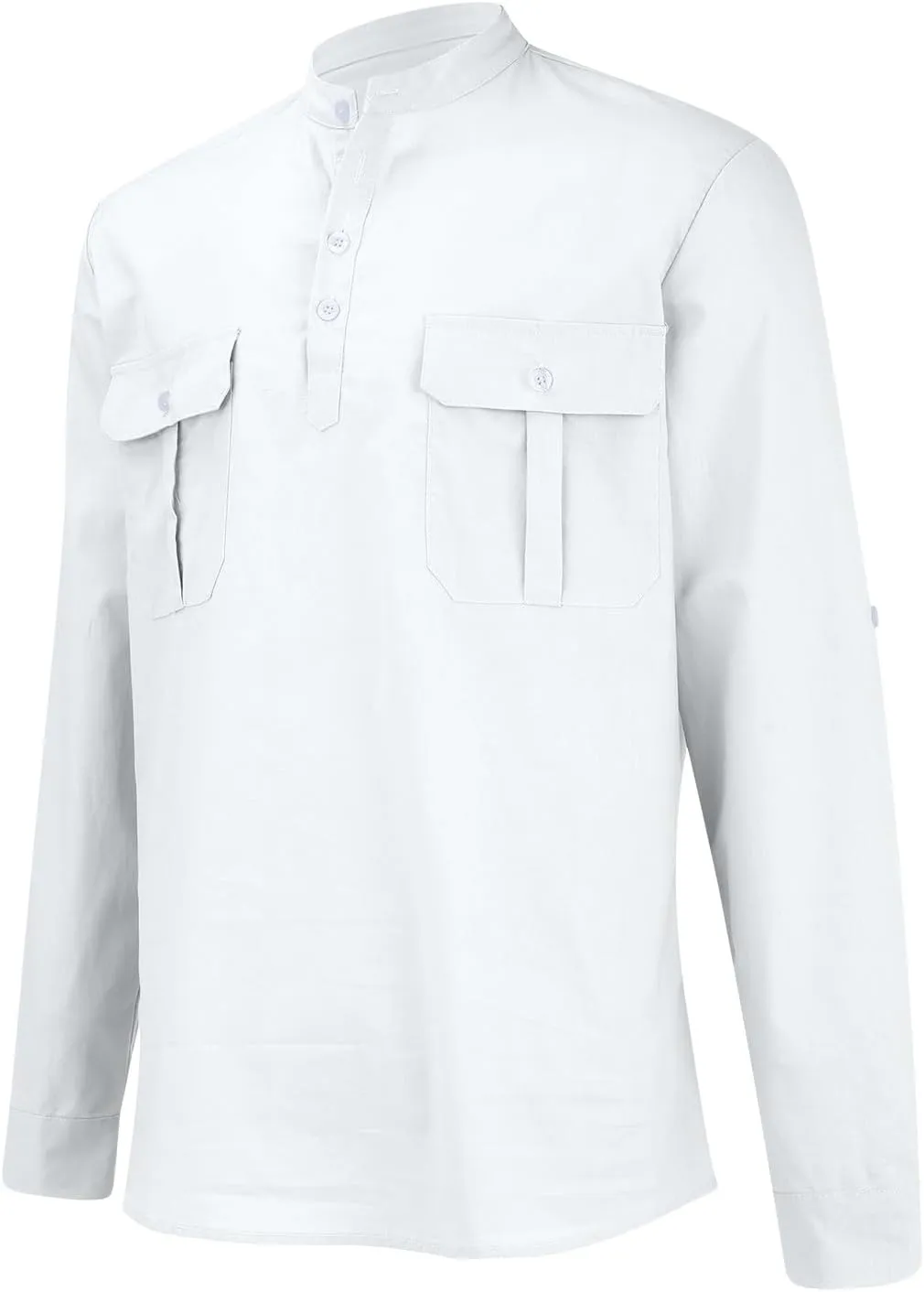 Men's Cargo Henley Long Sleeve T-Shirt Western Stand Collar Cotton Casual Pullover Tee Shirts Button Collared