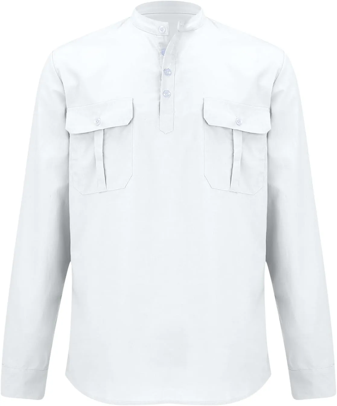 Men's Cargo Henley Long Sleeve T-Shirt Western Stand Collar Cotton Casual Pullover Tee Shirts Button Collared