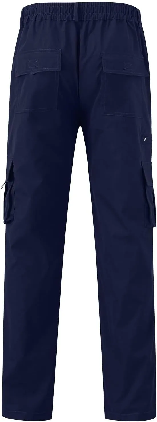 Mens Cargo Pants, Elastic Waistband Multi Pockets, Solid Color Hiking Tactical Pants, Cotton Cargo Work Pants for Men