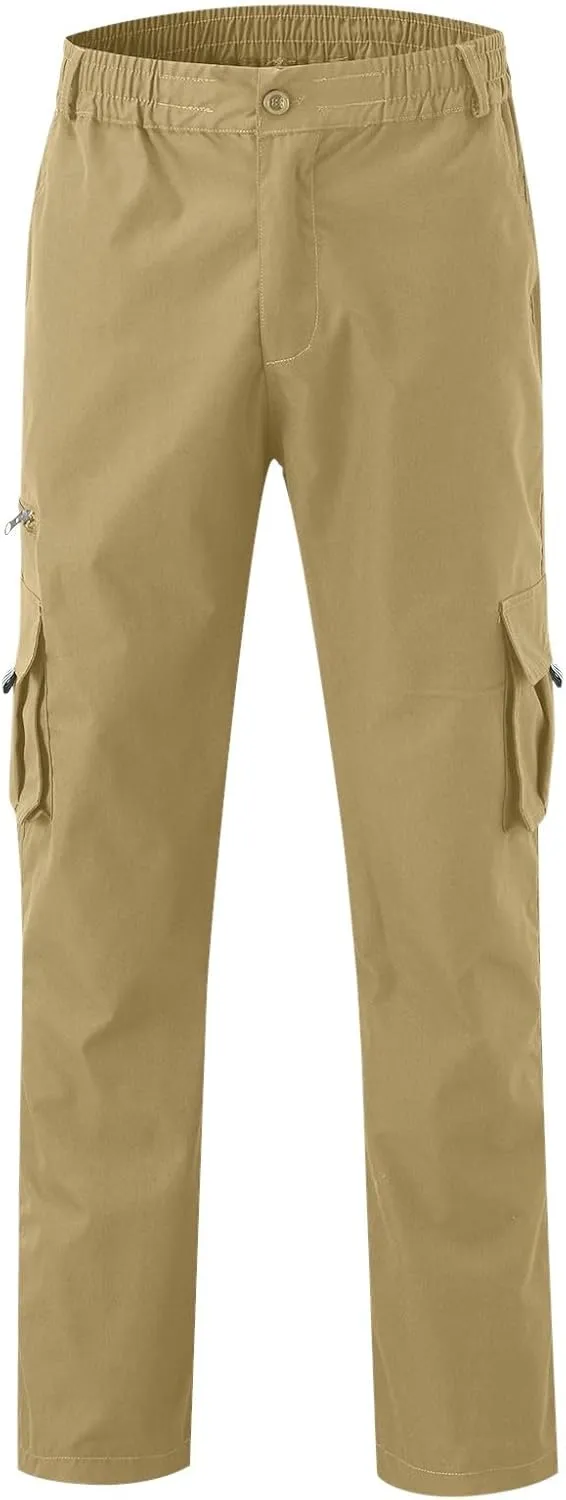 Mens Cargo Pants, Elastic Waistband Multi Pockets, Solid Color Hiking Tactical Pants, Cotton Cargo Work Pants for Men