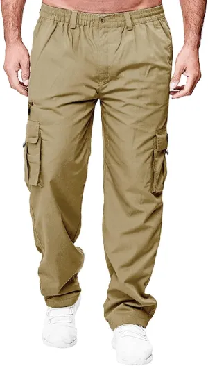 Mens Cargo Pants, Elastic Waistband Multi Pockets, Solid Color Hiking Tactical Pants, Cotton Cargo Work Pants for Men