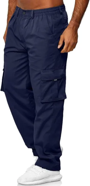 Mens Cargo Pants, Elastic Waistband Multi Pockets, Solid Color Hiking Tactical Pants, Cotton Cargo Work Pants for Men