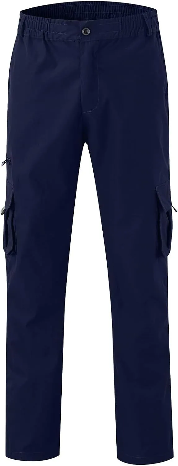 Mens Cargo Pants, Elastic Waistband Multi Pockets, Solid Color Hiking Tactical Pants, Cotton Cargo Work Pants for Men