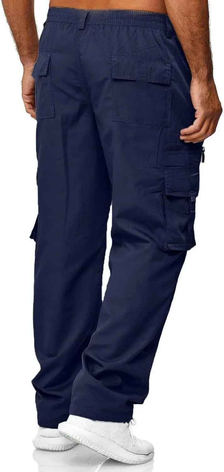 Mens Cargo Pants, Elastic Waistband Multi Pockets, Solid Color Hiking Tactical Pants, Cotton Cargo Work Pants for Men
