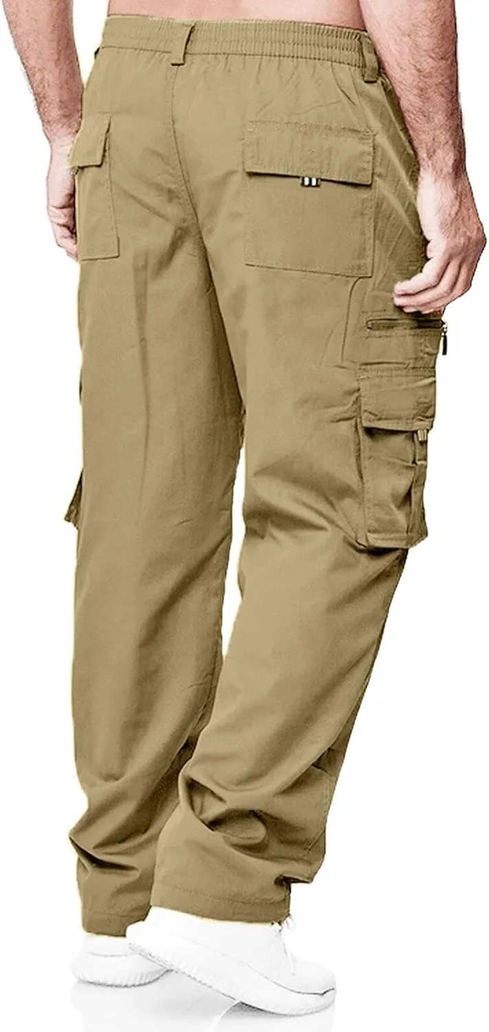 Mens Cargo Pants, Elastic Waistband Multi Pockets, Solid Color Hiking Tactical Pants, Cotton Cargo Work Pants for Men