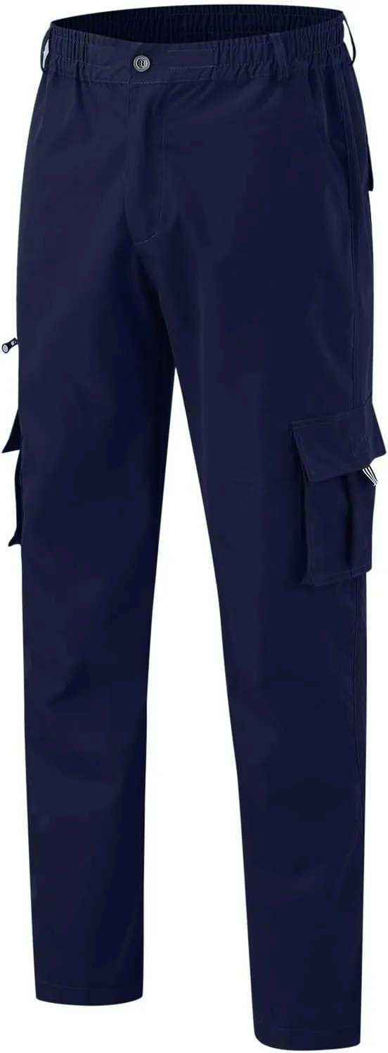 Mens Cargo Pants, Elastic Waistband Multi Pockets, Solid Color Hiking Tactical Pants, Cotton Cargo Work Pants for Men