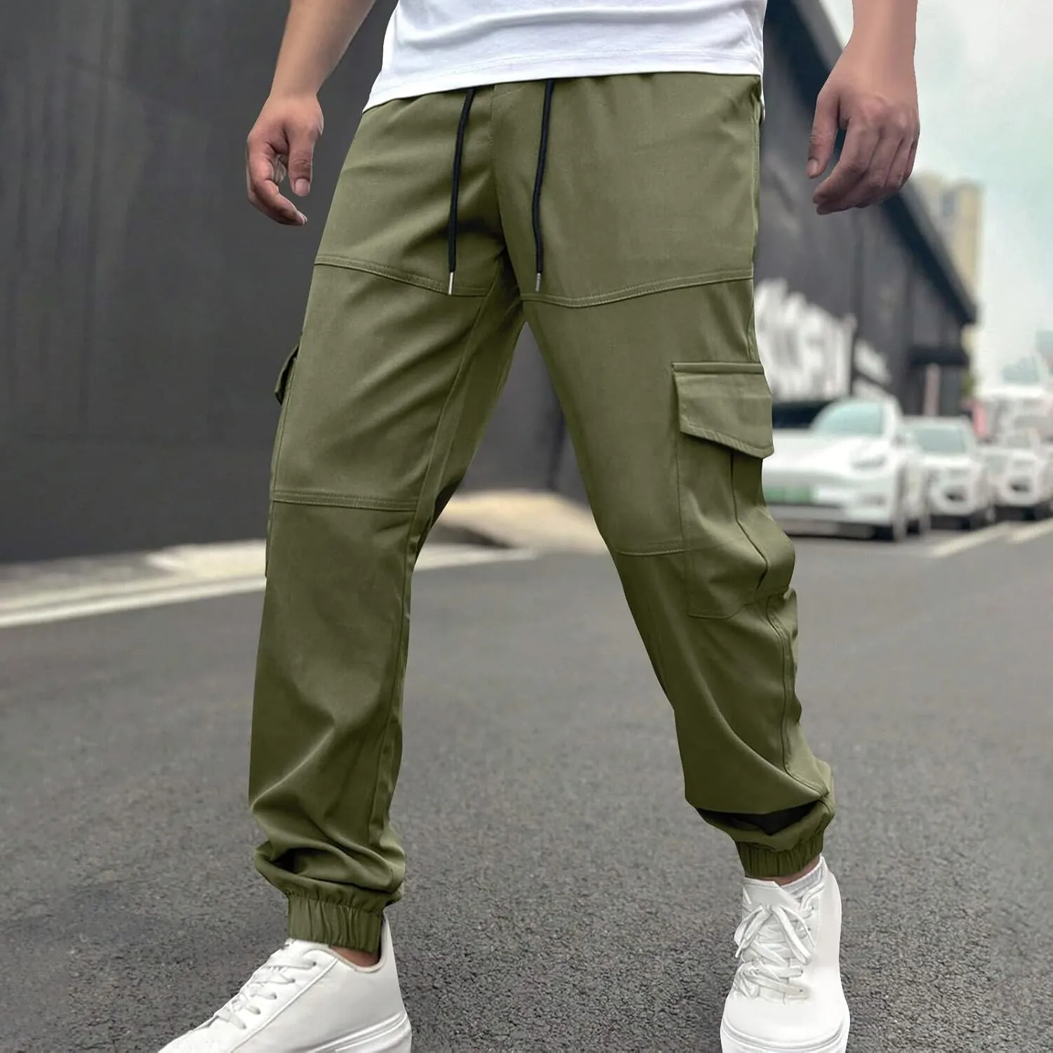 Men's Cargo Pants Joggers Drawstring Waist Multi Pocket Bottoms Loose Fit for Streetwear Gym or Travel