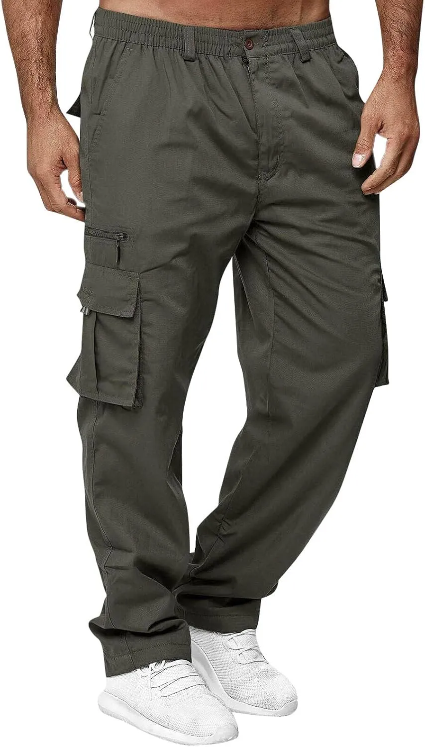 Mens Cargo Pants Relaxed Fit Elastic Waist Pants Straight Leg Chinos Pants High Waisted Track Pants with Pockets