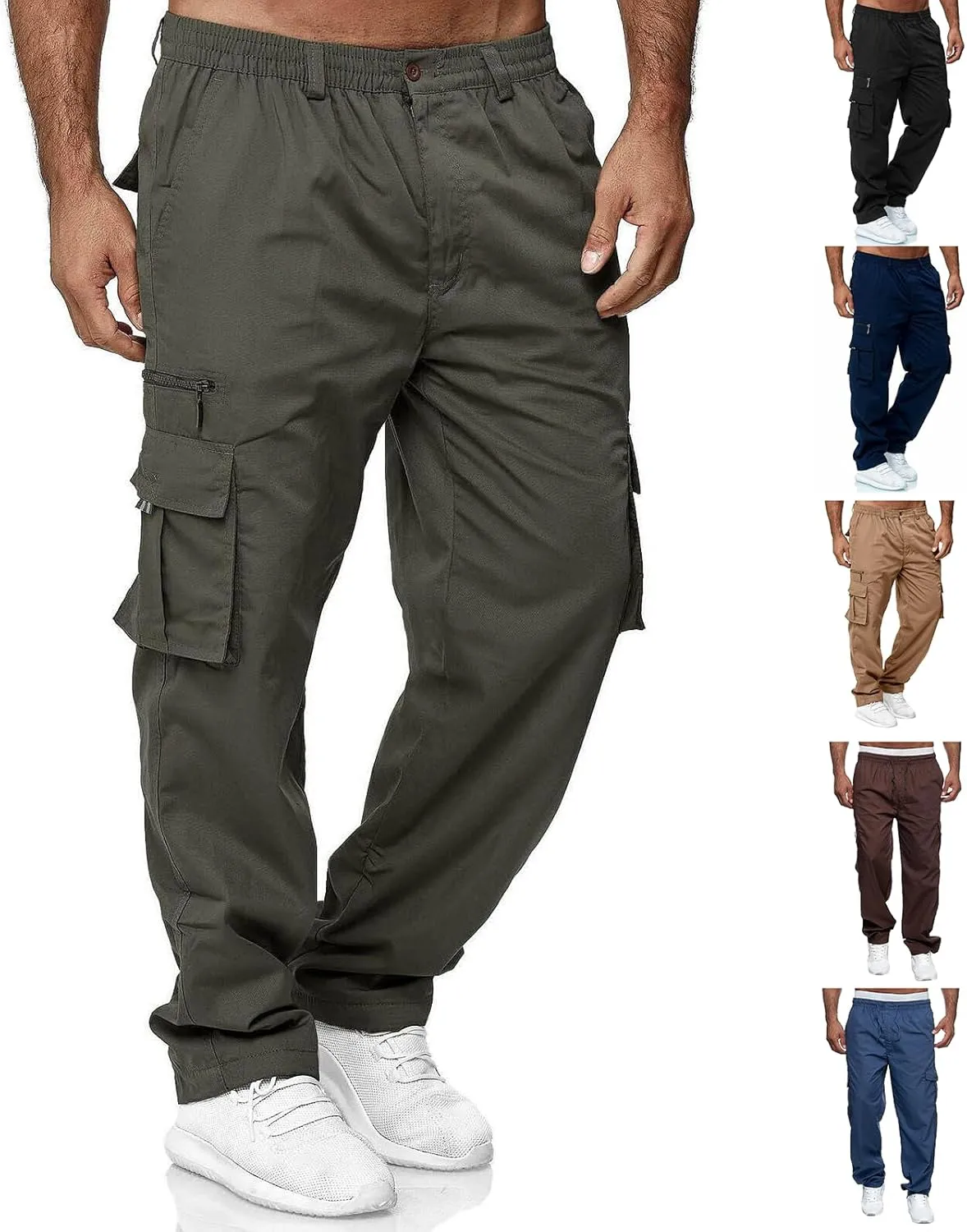 Mens Cargo Pants Relaxed Fit Elastic Waist Pants Straight Leg Chinos Pants High Waisted Track Pants with Pockets