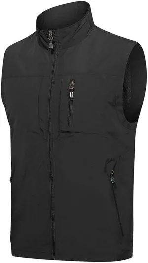 Men's Casual Lightweight Breathable Cycling Travel Zip Vest Solid Stand Collar Outdoor Multiple Pockets Sport Vests