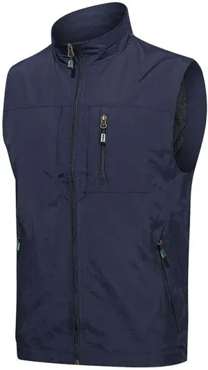 Men's Casual Lightweight Breathable Cycling Travel Zip Vest Solid Stand Collar Outdoor Multiple Pockets Sport Vests