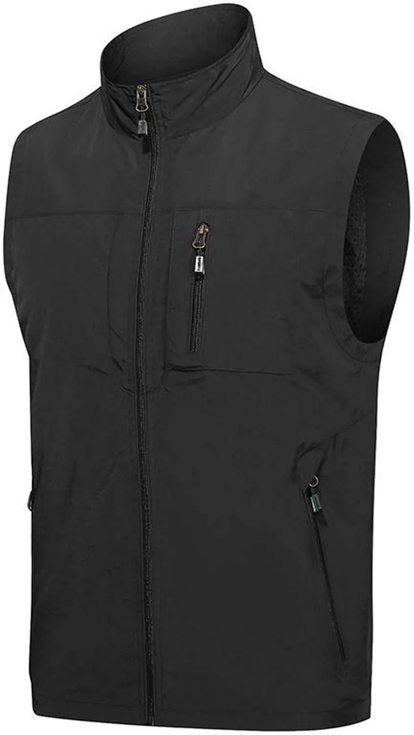 Men's Casual Lightweight Breathable Cycling Travel Zip Vest Solid Stand Collar Outdoor Multiple Pockets Sport Vests
