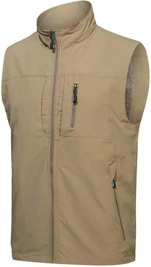Men's Casual Lightweight Breathable Cycling Travel Zip Vest Solid Stand Collar Outdoor Multiple Pockets Sport Vests