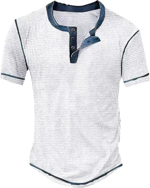 Men's Distressed Henley Shirts Retro Short Sleeve Button Down Shirt Summer Casual Washed Basic T-Shirt Y2K Goth Tops
