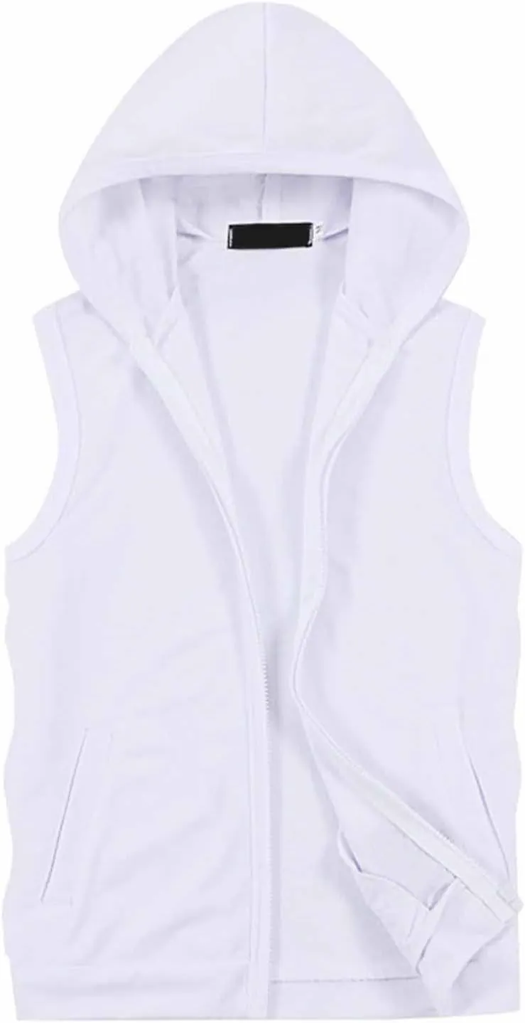 Men's Hooded Workout Tank Top Full Zip Sleeveless Gym Shirts Muscle Cut Off T Shirt Bodybuilding Hoodies Rash Guard