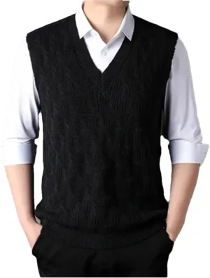 Men's Knitted Vests Sweater Warm Button Down Sleeveless Cardigan Vest Sleeveless Pullover Vests for Autumn and Winter