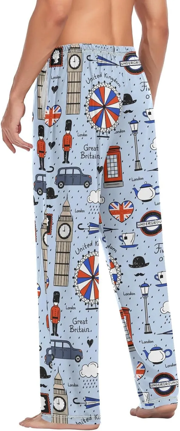 Men's Pajama Pants Super Soft Retro English London Sleep Lounge Pants Pjs Bottoms with Pockets