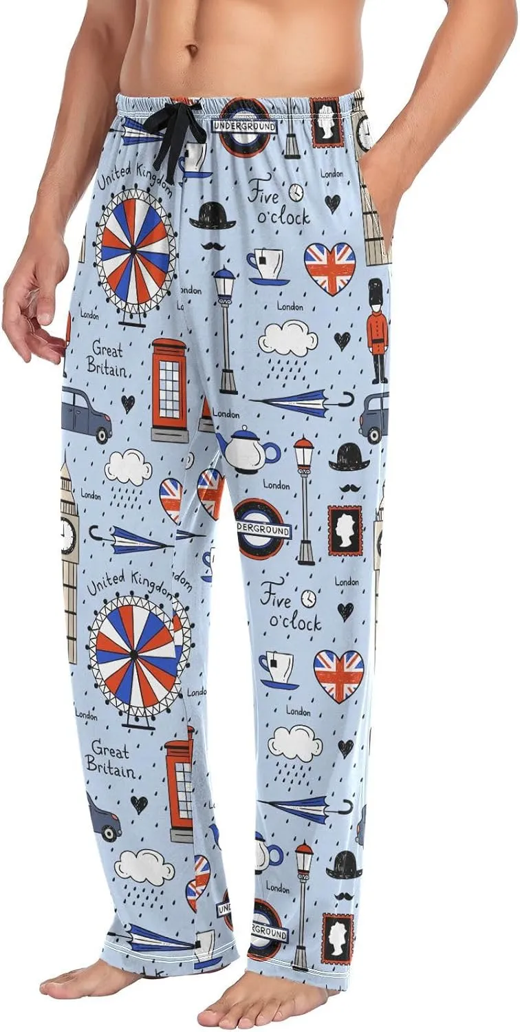 Men's Pajama Pants Super Soft Retro English London Sleep Lounge Pants Pjs Bottoms with Pockets