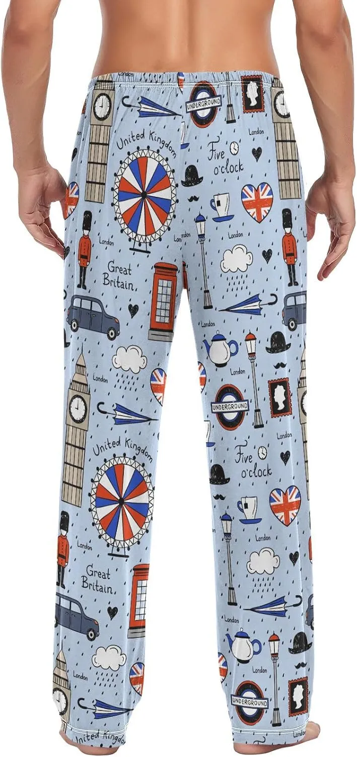 Men's Pajama Pants Super Soft Retro English London Sleep Lounge Pants Pjs Bottoms with Pockets