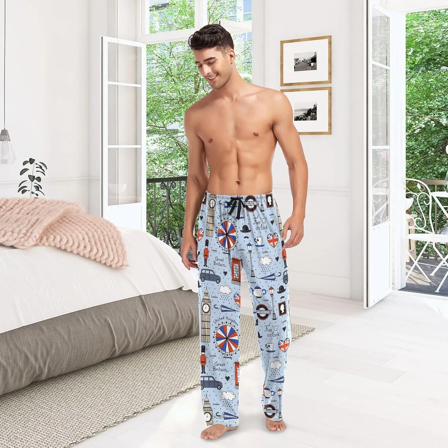 Men's Pajama Pants Super Soft Retro English London Sleep Lounge Pants Pjs Bottoms with Pockets