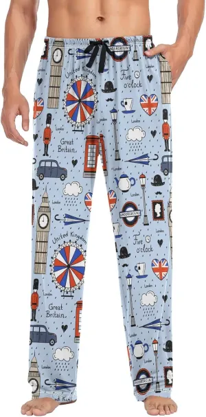Men's Pajama Pants Super Soft Retro English London Sleep Lounge Pants Pjs Bottoms with Pockets