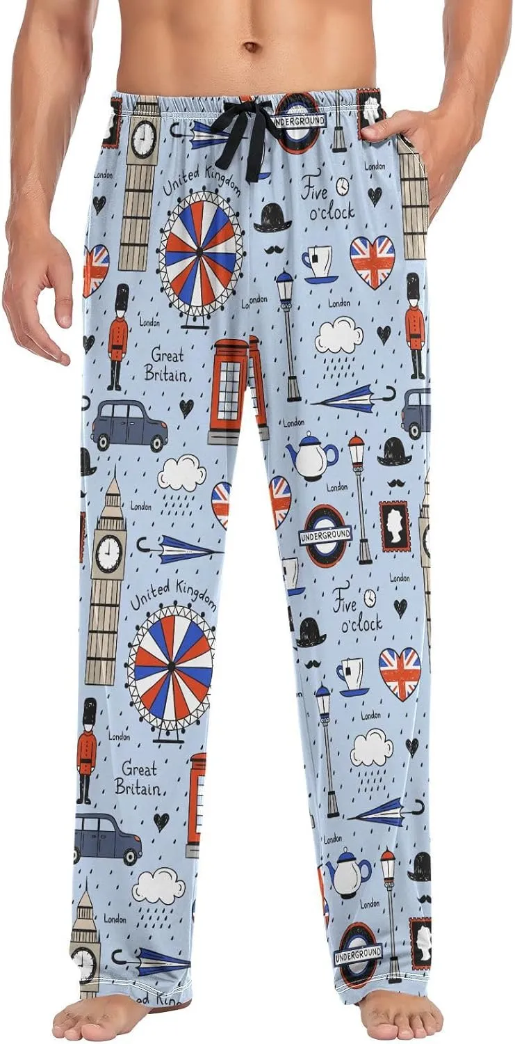 Men's Pajama Pants Super Soft Retro English London Sleep Lounge Pants Pjs Bottoms with Pockets