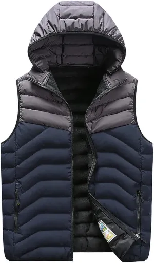 Men's Quilted Puffer Vest Men's Down Vest Jacket Winter Warm Hooded Puffer Vest