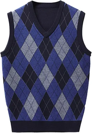 Men's Sleeveless V Neck Knit Pullover Vests Slim Fit Classic Casual Argyle Printed Sweater Vest Fall Waistcoat